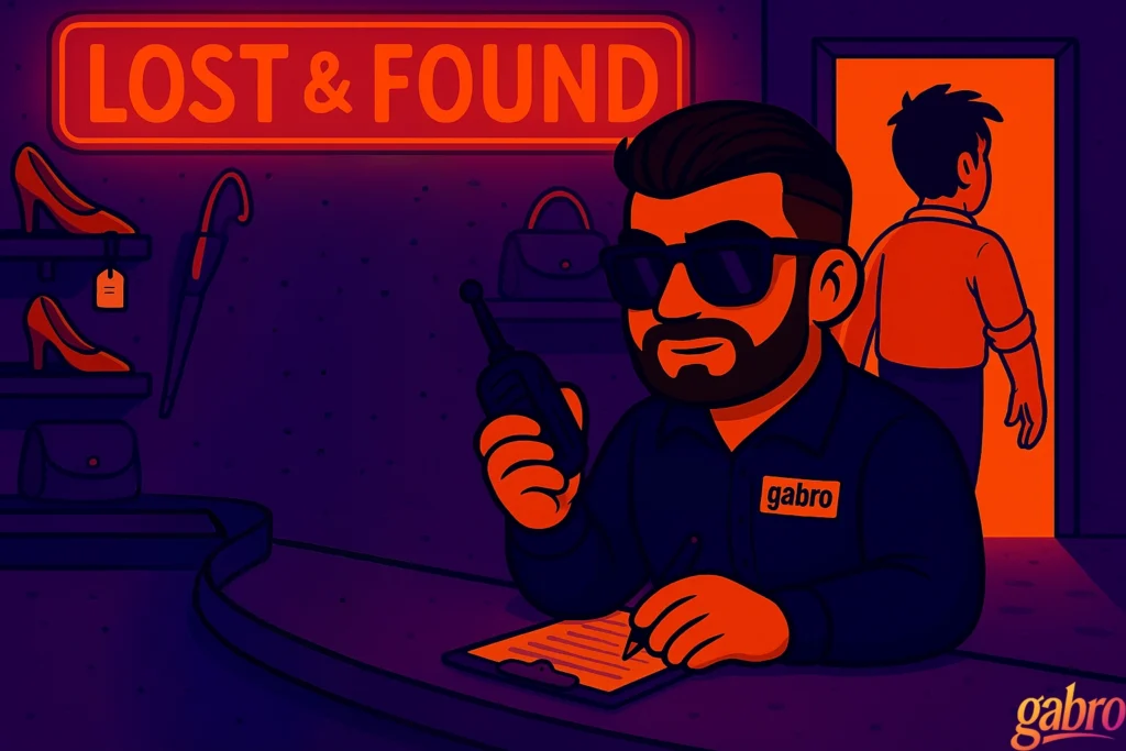 gabro sits at the Lost & Found counter under the glowing neon sign, holding a radio in one hand and writing on a clipboard with the other. He wears dark sunglasses and a navy uniform with his name tag. Behind him, the relieved guest who lost his wedding ring walks out through a bright orange doorway. Shelves of tagged high heels, umbrellas, and handbags line the wall in the dim purple casino lighting.
