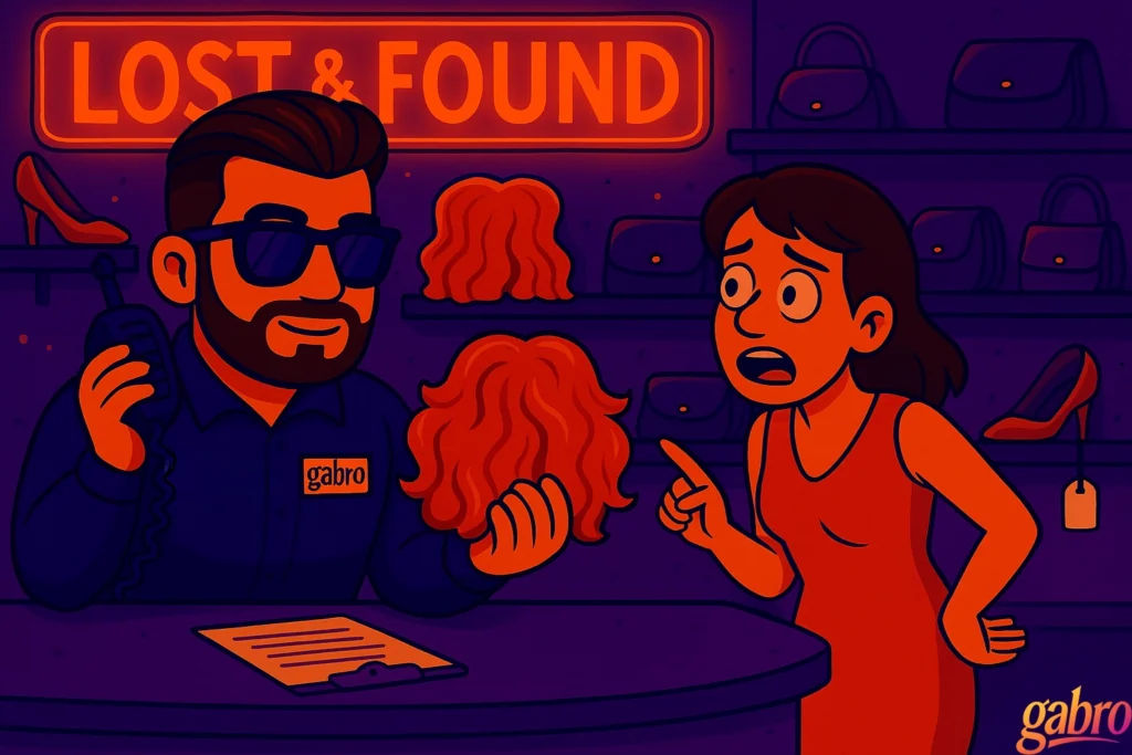 In the Lost & Found room glowing with neon orange light, gabro stands behind the counter holding a short, curly red wig in one hand and a radio in the other. Wearing sunglasses and a navy uniform with his lowercase gabro name tag, he listens calmly while a distressed woman in a red dress leans forward, pointing urgently at the wig. Shelves behind them are lined with purses, heels, and other tagged items.