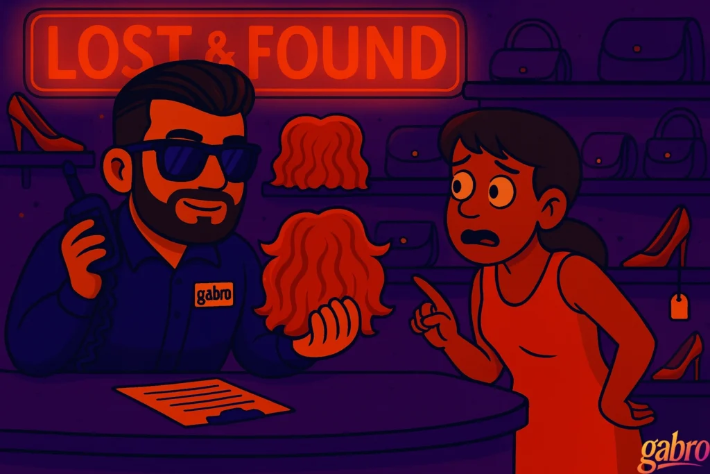A cartoon-style scene inside a casino Lost & Found. Cartoon gabro holds up a small curly orange wig in one hand while speaking into a radio with the other. Across the counter, a worried woman in an orange dress points at the wig with a nervous, uncertain expression. Behind them are shelves filled with wigs, purses, and high heels, all lit by a glowing neon “LOST & FOUND” sign.