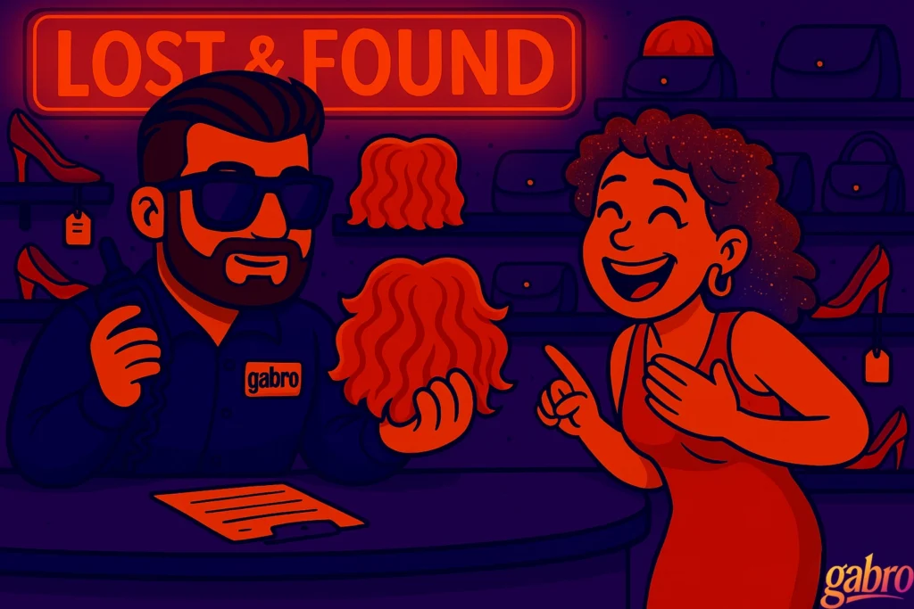Cartoon-style illustration of gabro working at a casino Lost & Found counter under a glowing red neon sign. He’s holding the same curly orange wig from earlier scenes while speaking into a handheld radio. Across from him, a cheerful woman in a red dress laughs with one hand on her chest and the other pointing, her curly hair sparkling with glitter. Shelves behind them display purses, wigs, and high heels, all in the signature purple-and-orange palette.