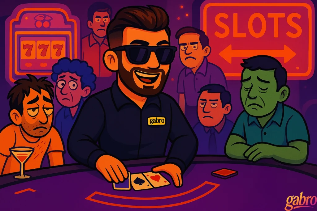 Cartoon illustration of gabro dealing cards at a casino table, smiling in sunglasses and a black shirt with a yellow “gabro” name tag. Around him, several exhausted and miserable players look defeated, including a slumped green-faced man at the right and a scruffy man with a half-finished cocktail at the left. Behind them, more unhappy gamblers stand in front of a glowing slot machine and a bright orange “SLOTS” sign. The scene has a neon purple-orange casino vibe with the gabro logo in the bottom corner.
