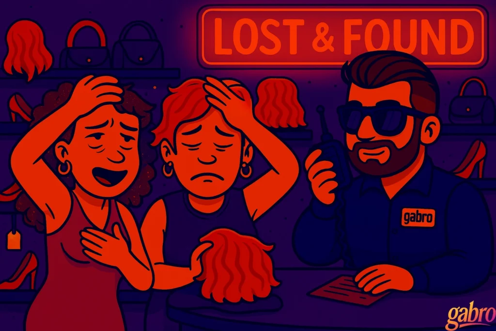 Cartoon-style illustration of a casino Lost & Found counter under a glowing red neon sign. gabro, wearing sunglasses and holding a radio, sits behind the desk. In front of him, two women stand side by side with dramatic, exhausted expressions. One has curly hair with glitter and a hand on her forehead; the other, with short hair, holds the missing orange wig while mirroring the same exasperated pose. Behind them are shelves of wigs, purses, and high heels, all in the signature purple-and-orange palette.
