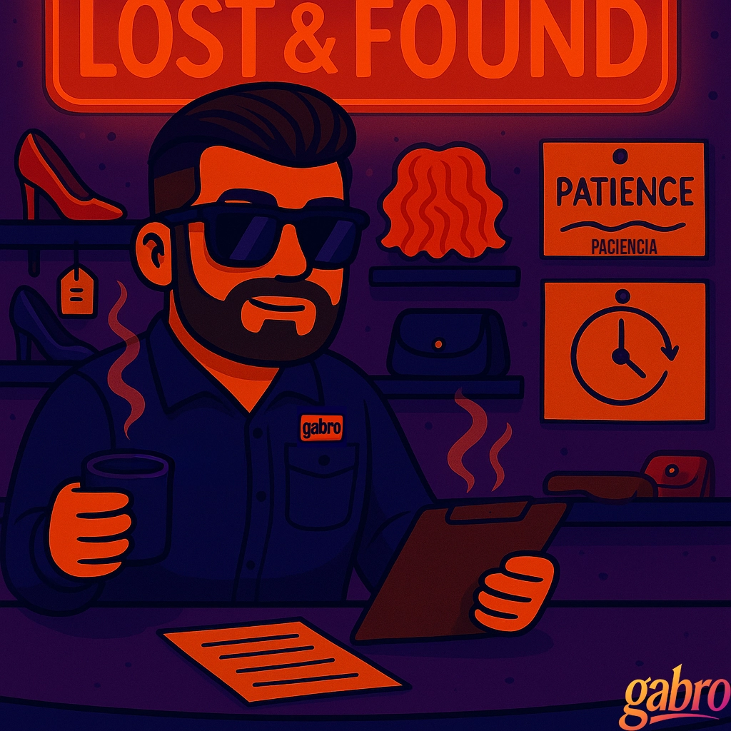 A cartoon-style illustration of gabro sitting at the Lost & Found desk in warm neon orange and deep purple tones. He wears his signature sunglasses and uniform, holding a steaming cup of coffee in one hand and a clipboard in the other. Behind him, a curly orange wig sits on a shelf, along with handbags and high heels. Two humorous “tagged” items hang on the wall: one labeled “Patience / Paciencia” and another with a simple clock icon. Steam curls rise from both the coffee and the clipboard, showing a quiet early-morning moment.