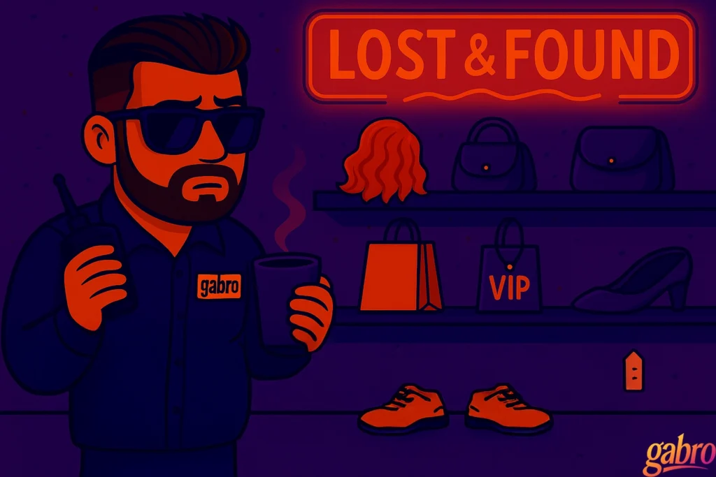 A cartoon-style illustration of gabro standing in the Lost & Found room, holding a walkie-talkie in one hand and a steaming cup of coffee in the other. He wears his signature sunglasses and navy uniform with his name tag. Behind him, shelves display a curly orange wig, handbags, a gift bag, a VIP lanyard, and a lone high heel. On the floor sits a pair of abandoned orange sneakers. The neon Lost & Found sign glows above him as he stares ahead with a tired, unimpressed expression.