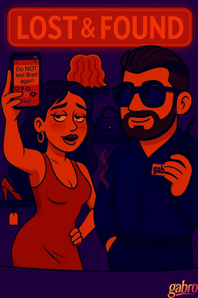 A bold, neon-style cartoon illustration of gabro working the Lost & Found desk in a casino. He wears dark sunglasses and a navy uniform with a “gabro” name tag, holding a phone that glows with chaotic notifications. Behind him, shelves display lost items like wigs, heels, and handbags under a bright orange “LOST & FOUND” sign. A smudged-makeup woman in a party outfit unlocks her phone.