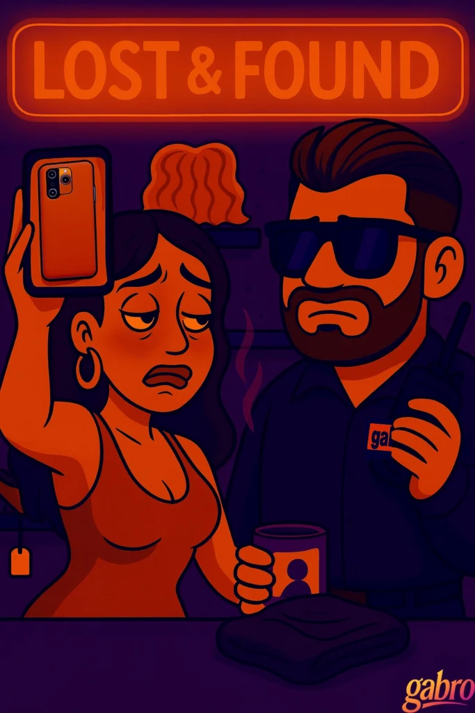 A neon-lit cartoon scene of the casino Lost & Found. gabro, wearing sunglasses and a dark uniform, holds a coffee and a radio while looking concerned. Next to him, a woman in party clothes with smudged makeup raises her phone dramatically, showing it as the lost item she came to claim. Behind them, shelves display wigs, purses, and a single high heel under the glowing orange “LOST & FOUND” sign.