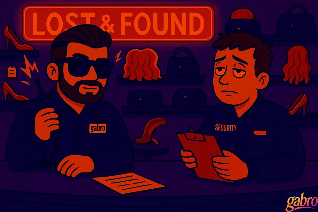 gabro sits at the casino Lost & Found desk, holding a crackling radio with his signature sunglasses on, looking confident. Beside him stands a tired-looking security guard holding a clipboard. Behind them are shelves filled with purses, wigs, and a random high heel under a glowing orange “LOST & FOUND” sign.