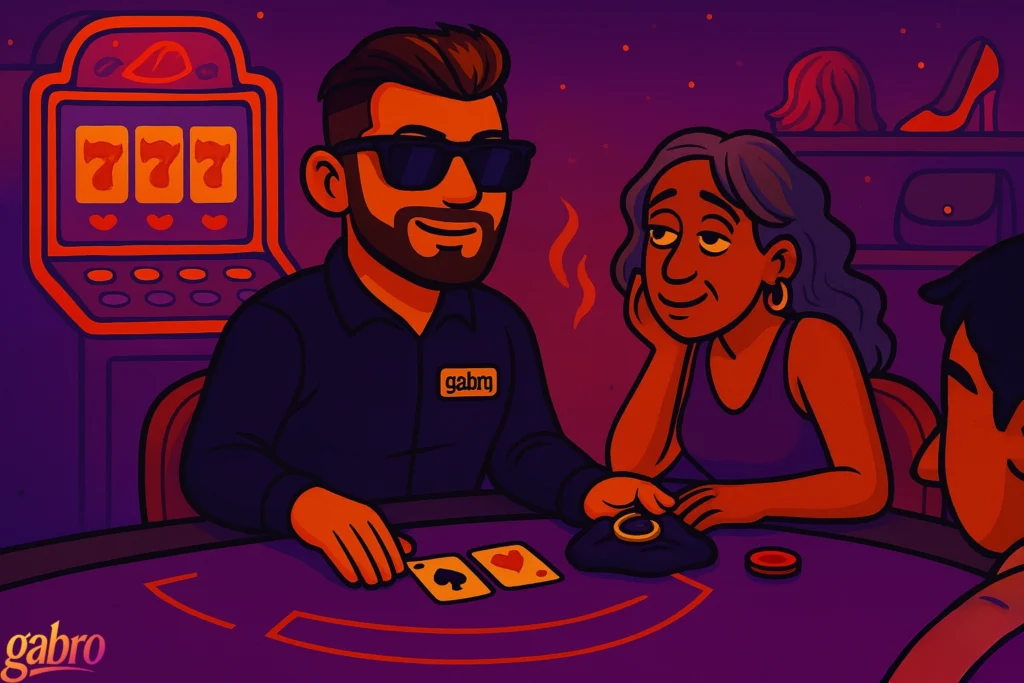 gabro sits at a casino table wearing his signature sunglasses and uniform, smiling as he returns a lost ring pouch to an older woman who gazes at him fondly with her chin in her hand. A slot machine glows behind them with 777 on the screen, and shelves in the background hold wigs, purses, and a stray high heel. Two playing cards sit on the table near gabro’s hand as another player watches from the side.