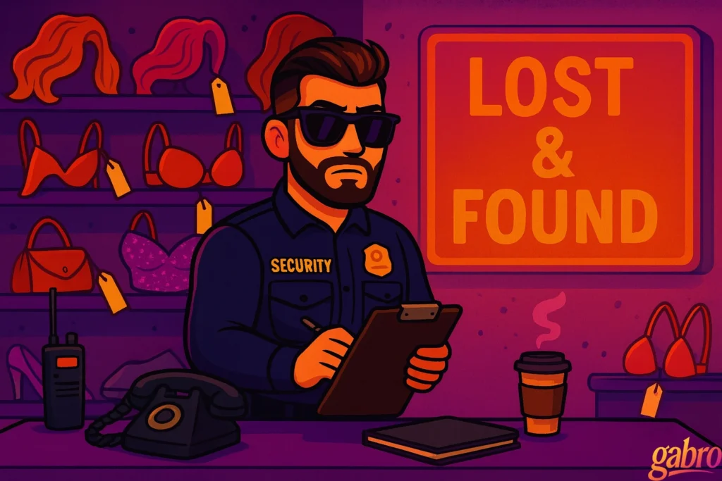 Cartoon illustration of gabro working a casino lost and found desk. He stands in a navy security uniform with sunglasses and a serious expression, holding a clipboard. The desk is cluttered with an old rotary phone, a walkie-talkie, a notebook, and a steaming coffee cup. Behind him are shelves filled with tagged lost items like wigs, bras, purses, and high heels. A bright orange “LOST & FOUND” sign glows on the wall, and the scene is lit in purple and orange casino colors with the gabro logo in the bottom corner.