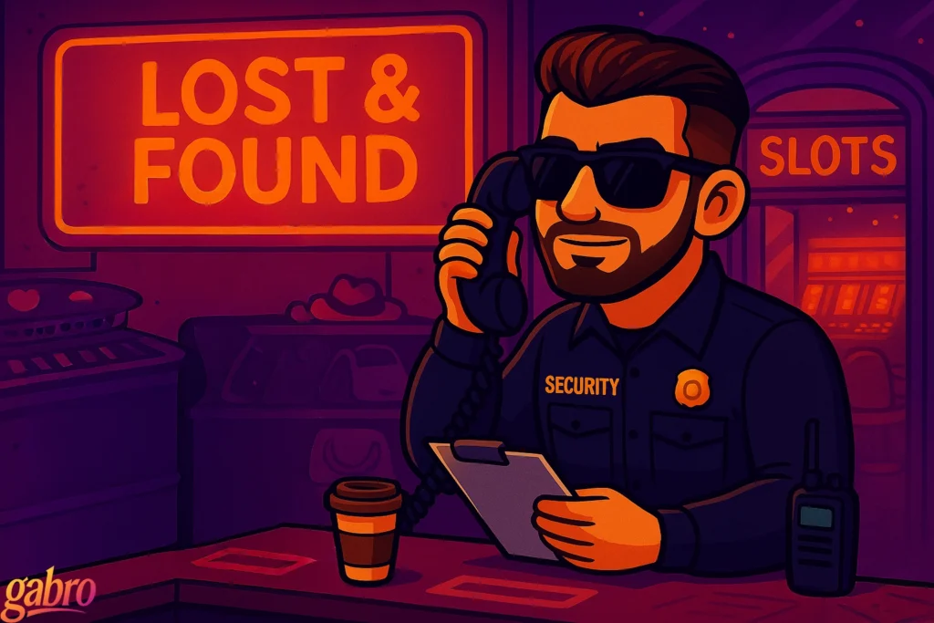 Cartoon illustration of gabro working the casino lost and found desk. He’s wearing a dark security uniform and sunglasses, smiling while talking on an old corded phone and holding a clipboard. A glowing orange “LOST & FOUND” sign hangs behind him. Shelves of lost items like hats and purses fill the background, and a “SLOTS” entrance glows to the right. A takeout coffee cup and a walkie-talkie sit on the counter, all in warm purple and orange casino lighting with the gabro logo in the corner.