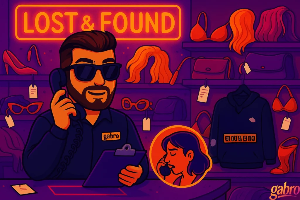 Cartoon illustration of gabro working the casino lost and found desk. He wears a dark security uniform and sunglasses while talking on a corded phone and holding a clipboard. Behind him are shelves full of tagged lost items like wigs, bras, sunglasses, handbags, and high heels. To the right hangs a black hoodie. A neon orange “LOST & FOUND” sign glows above. In the bottom right corner, a small inset shows a tired woman on the phone. The scene is lit in warm purples and oranges with the gabro logo in the corner.