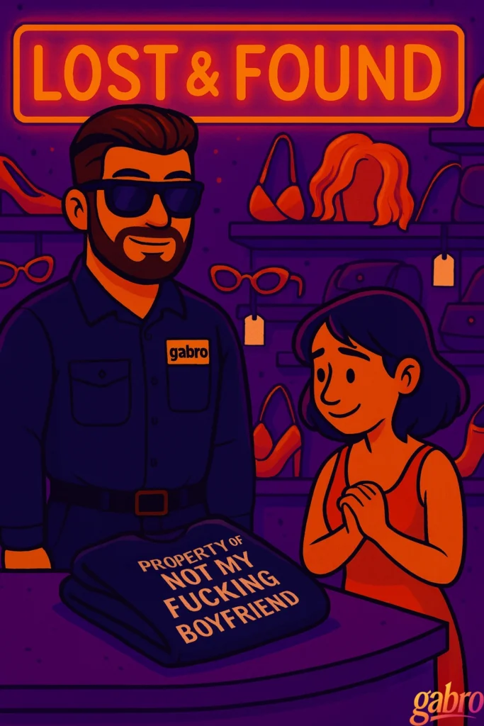 Cartoon illustration of gabro working at the casino lost and found desk. He stands in a dark security uniform and sunglasses, smiling warmly as he returns a folded hoodie to a grateful woman. The hoodie reads “PROPERTY OF NOT MY FUCKING BOYFRIEND.” Behind them, shelves display tagged lost items like wigs, bras, sunglasses, purses, and high heels. A glowing orange “LOST & FOUND” sign hangs above, and the scene is lit in purple and orange tones with the gabro logo in the corner.