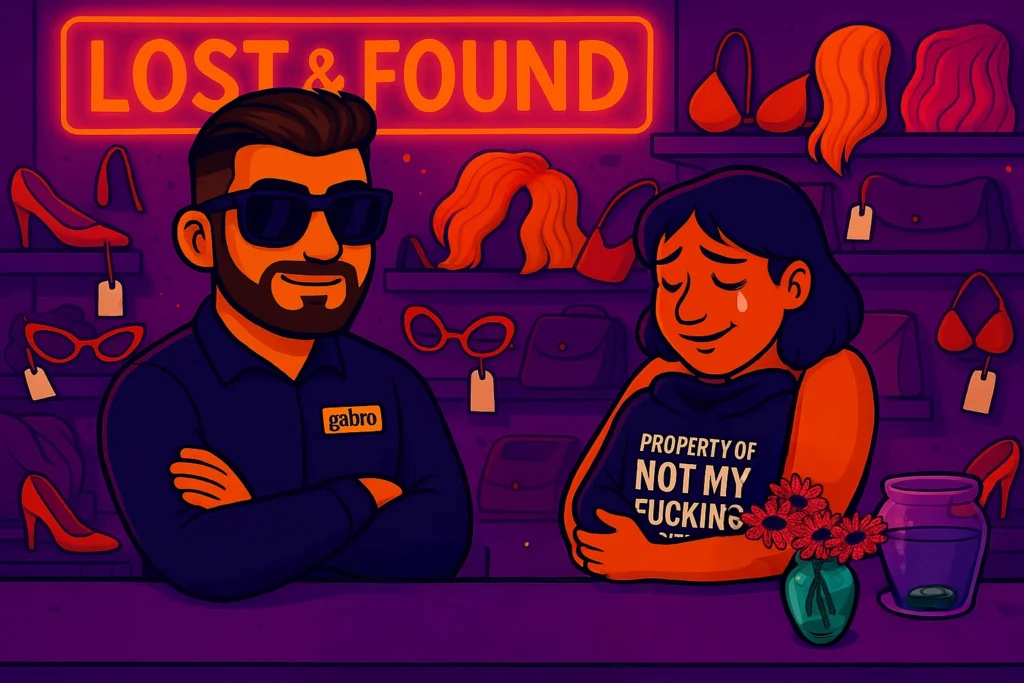 Cartoon illustration of gabro standing behind the casino lost and found counter with his arms confidently crossed, wearing sunglasses and a dark security uniform with his name tag. A woman beside him clutches a hoodie labeled “PROPERTY OF NOT MY FUCKING BOYFRIEND,” smiling with tears of relief. Behind them are shelves filled with tagged lost items like wigs, bras, sunglasses, purses, and high heels. A bright orange “LOST & FOUND” sign glows above, and a small vase of red flowers sits on the counter.