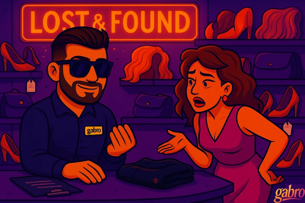 Cartoon gabro stands behind the casino Lost & Found counter, smiling in sunglasses and a dark uniform. He holds up a single gold stiletto with a scuffed heel and a tiny blood stain. Across the counter, the woman who lost it bursts into relieved, over-the-top laughter, hands clasped to her chest in joy. A tip jar sits between them, glowing under the neon orange “LOST & FOUND” sign, with shelves of wigs, purses, and high heels in the background.