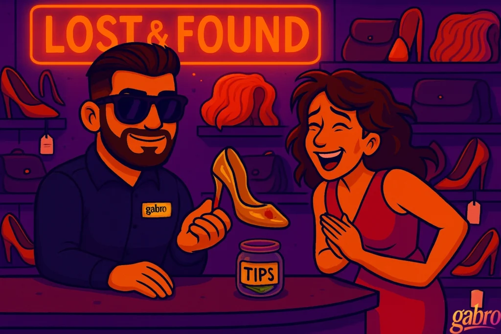 Cartoon gabro stands behind the casino Lost & Found counter, smiling in sunglasses and a dark uniform. He holds up a single gold stiletto with a scuffed heel and a tiny blood stain. Across the counter, the woman who lost it bursts into relieved, over-the-top laughter, hands clasped to her chest in joy. A tip jar sits between them, glowing under the neon orange “LOST & FOUND” sign, with shelves of wigs, purses, and high heels in the background.