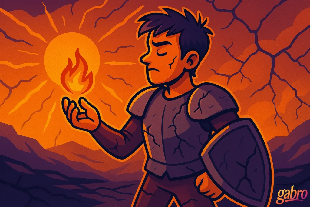 Cartoon-style digital illustration of a resilient man wearing cracked armor, holding a small glowing flame in his hand as sunlight breaks through behind him. The cracked ground and warm orange glow symbolize struggle and inner strength.