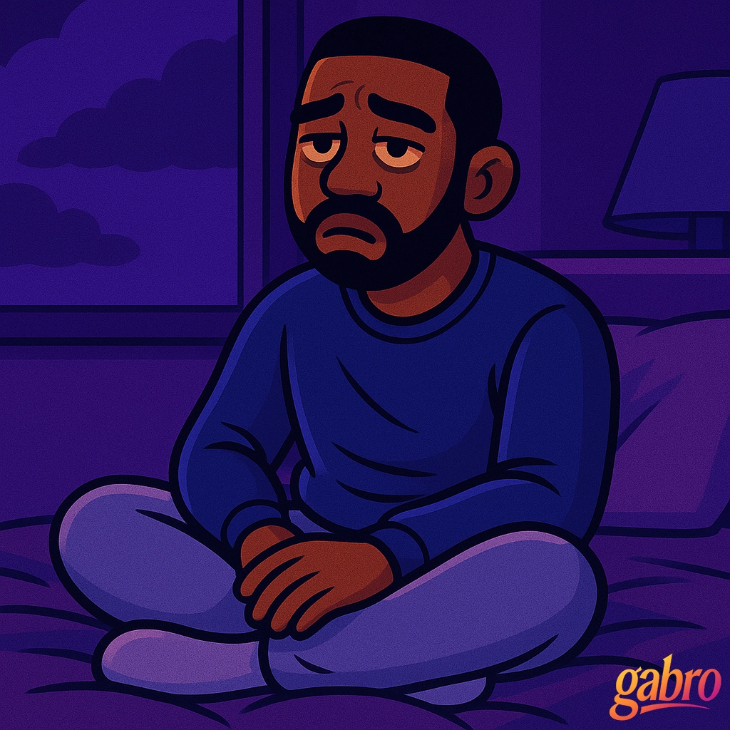 Cartoon-style illustration of a tired man sitting cross-legged on his bed in a softly lit purple room, wearing sweatpants and a sweatshirt. His expression shows exhaustion mixed with quiet strength, symbolizing the struggle and courage of simply getting through the day.