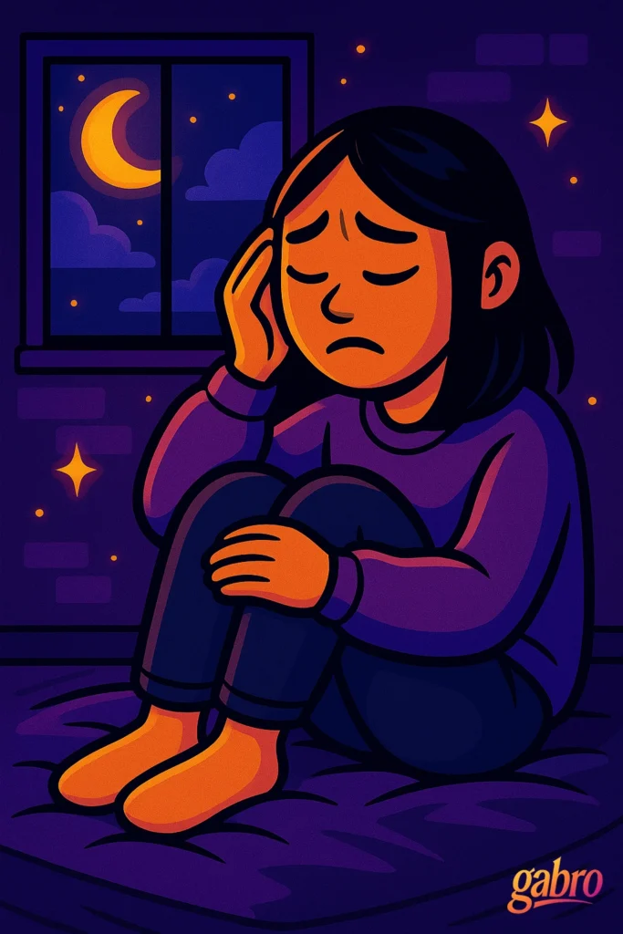 Cartoon-style illustration of a woman sitting on her bed by a window at night, hugging her knees while a crescent moon glows outside. The scene uses deep purples and warm oranges to reflect quiet reflection and emotional resilience.