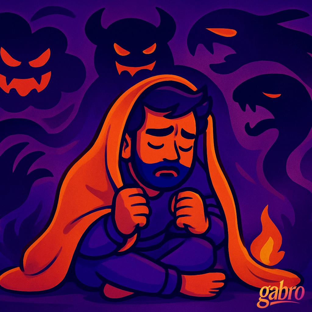A stylized cartoon illustration of a man sitting cross-legged under an orange blanket, surrounded by dark shadowy shapes resembling monsters. The color palette uses bold purples, blues, and oranges to convey internal struggle and emotional resilience.