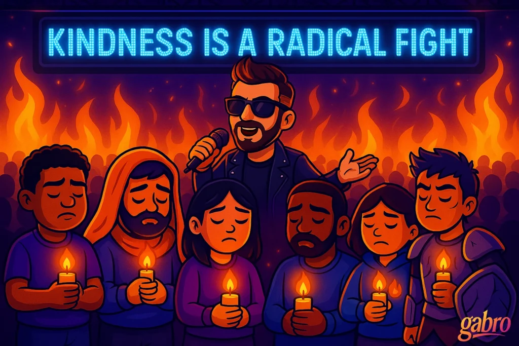 gabro sings center stage in a black leather jacket and sunglasses beneath a bright LED banner reading “Kindness is a radical fight.” In front of him stand six familiar characters from the post: radiant-hands teen, blanket-hooded bearded man, pensive woman by the window, tired man in loungewear, the hoodie girl with the cracked shield emblem, and the knight in chipped armor, each holding a glowing candle. Neon flames and a huge crowd frame the scene, with warm oranges against deep purples.