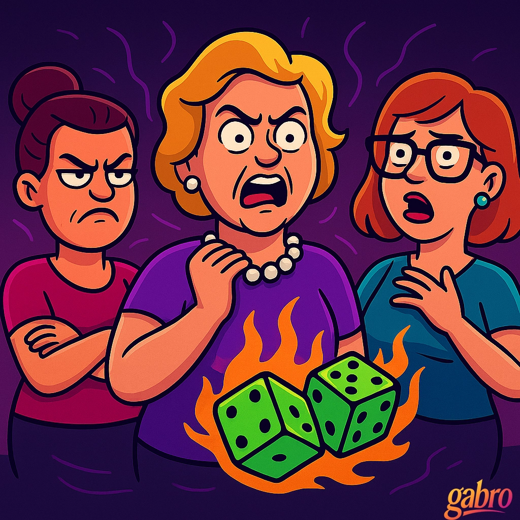 A cartoon illustration shows three upset women reacting dramatically to two bright green dice surrounded by flames. The woman in the center, wearing pearls and a purple top, looks shocked and angry, while the woman on the left crosses her arms with a scowl and the woman on the right, wearing glasses, looks startled. The background is deep purple, and a small gabro logo appears in the bottom right corner.