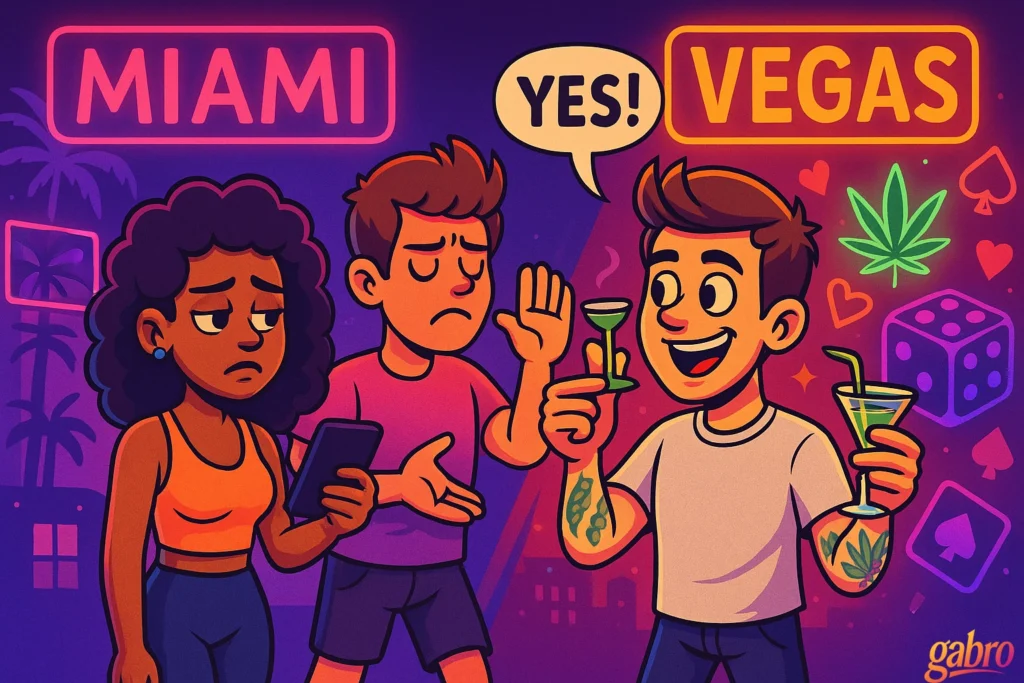 A neon cartoon scene compares “MIAMI” and “VEGAS” with glowing signs above three young adults. On the left, a woman looks unimpressed at her phone while a worried man gestures beside her under the “MIAMI” sign. On the right, a smiling young man under the “VEGAS” sign holds two martini glasses and says “YES!” in a speech bubble, surrounded by bright casino-style icons like hearts, cards, dice, and a green leaf. A small gabro logo appears in the bottom right corner.