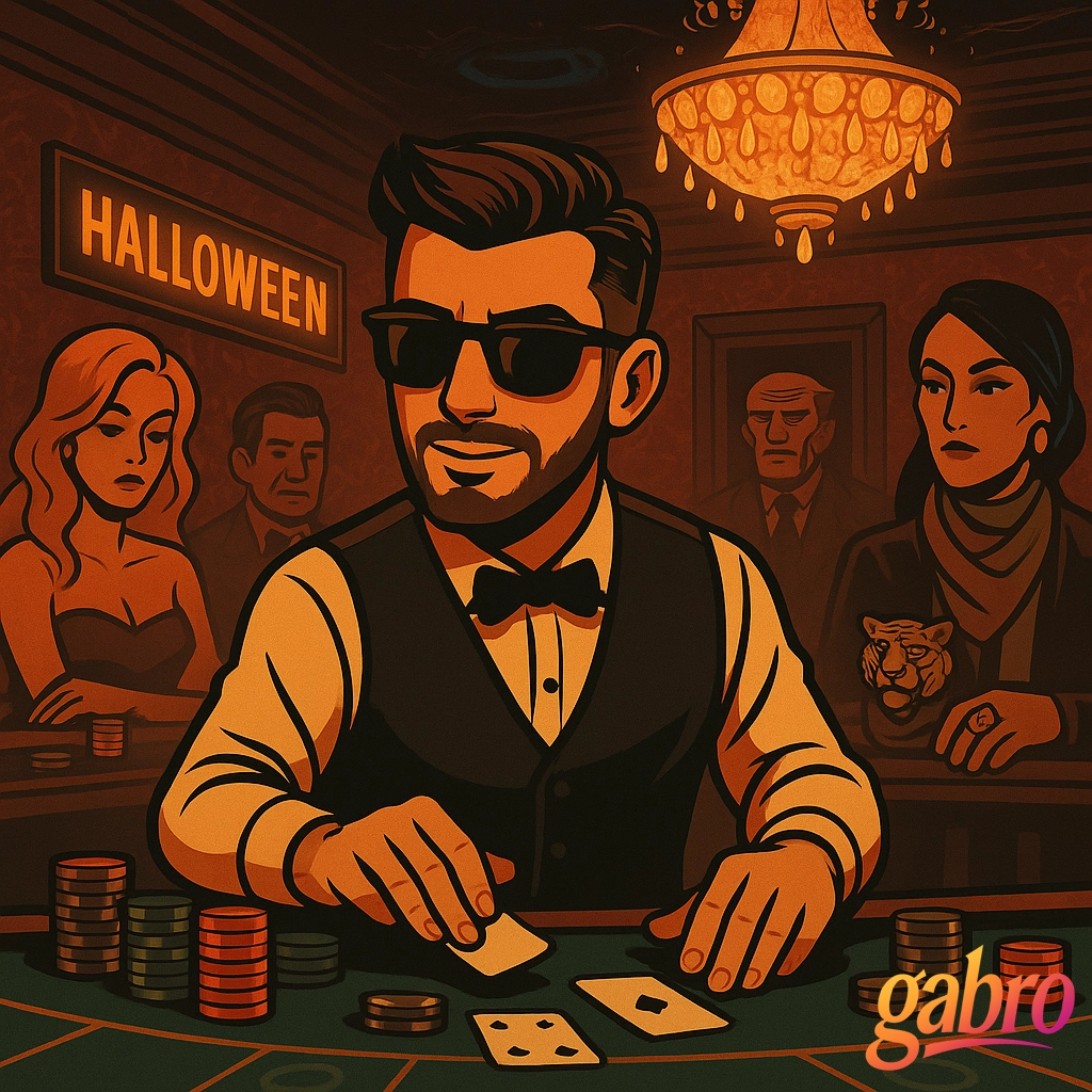 gabro sits at his table under the glowing chandelier as it inhales, cards and chips frozen in midair. The bachelorette flips her hair, “buddy” adjusts his cufflinks, silk-scarf taps the rail, the tiger taps twice. Warm amber and red light fill the Starfade Casino as gabro smiles faintly behind sunglasses, dealing one last hand in defiance while the chandelier hovers like a halo above him.
