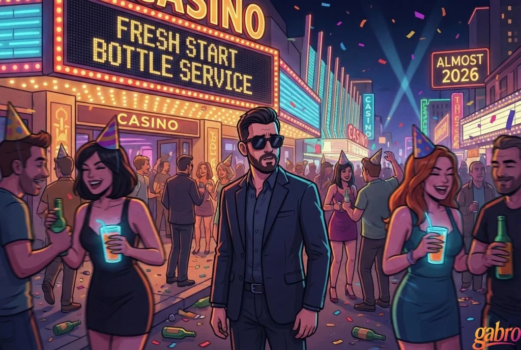 Cartoon illustration of gabro stands alone on a neon-lit casino street as confetti falls and partygoers in hats drink and laugh around him, a marquee reads “FRESH START BOTTLE SERVICE” and a sign says “ALMOST 2026.”