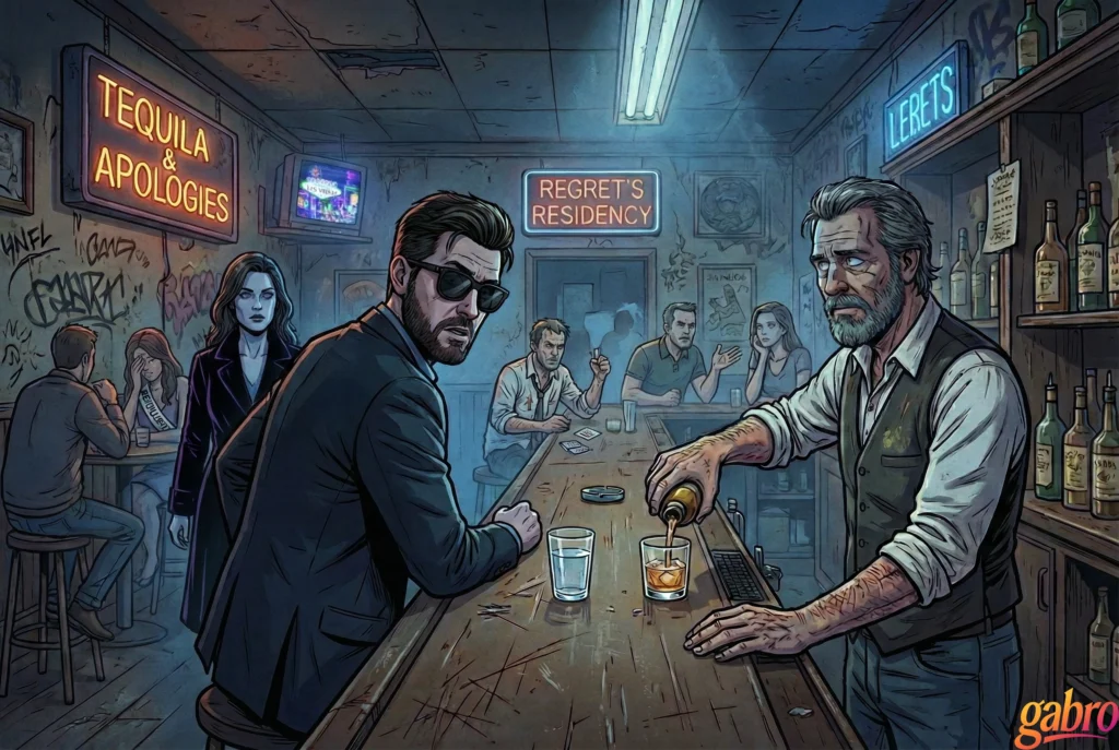 Cartoon illustration of gabro standing at a dimly lit bar, turning back to look over his shoulder while an older bartender pours a drink, with neon signs reading “Tequila & Apologies” and “Regret’s Residency” and weary patrons scattered through the background, creating a tense, reflective late-night atmosphere.