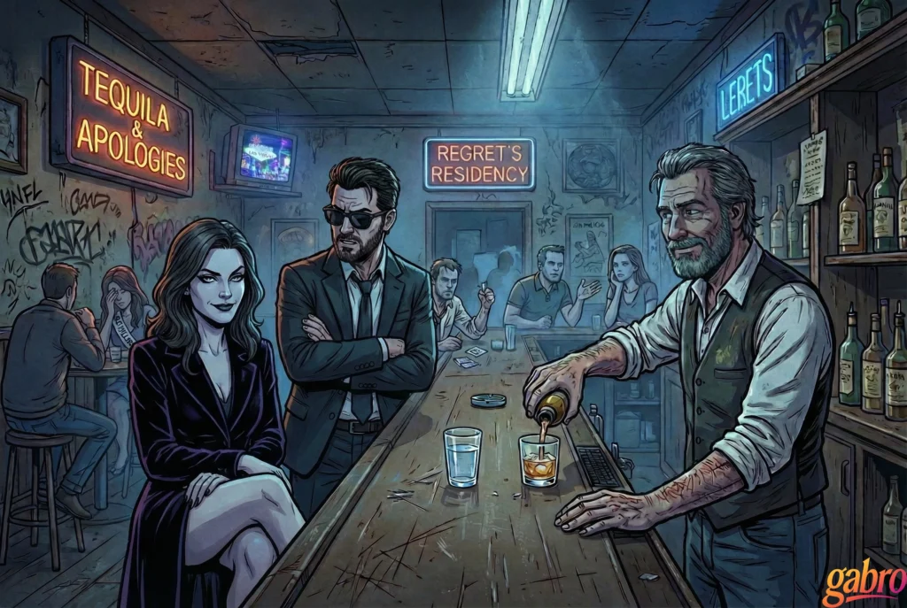 Cartoon illustration of gabro standing at a worn bar with his arms crossed, wearing sunglasses and a dark suit, beside a woman seated on a barstool, while an older bartender pours a drink. Neon signs reading “Tequila & Apologies” and “Regret’s Residency” glow in the dim room, with tired patrons and empty glasses in the background, conveying a moody, late-night bar atmosphere.
