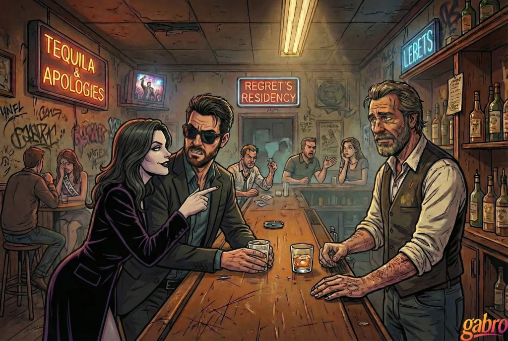 Cartoon illustration of gabro standing at a dimly lit bar, wearing sunglasses and a dark suit, holding a drink while a woman beside him points toward the bartender. An older bartender stands behind the counter with a whiskey glass, neon signs reading “Tequila & Apologies” and “Regret’s Residency” glow overhead, and other patrons argue and drink in the background, creating a tense late-night bar scene.