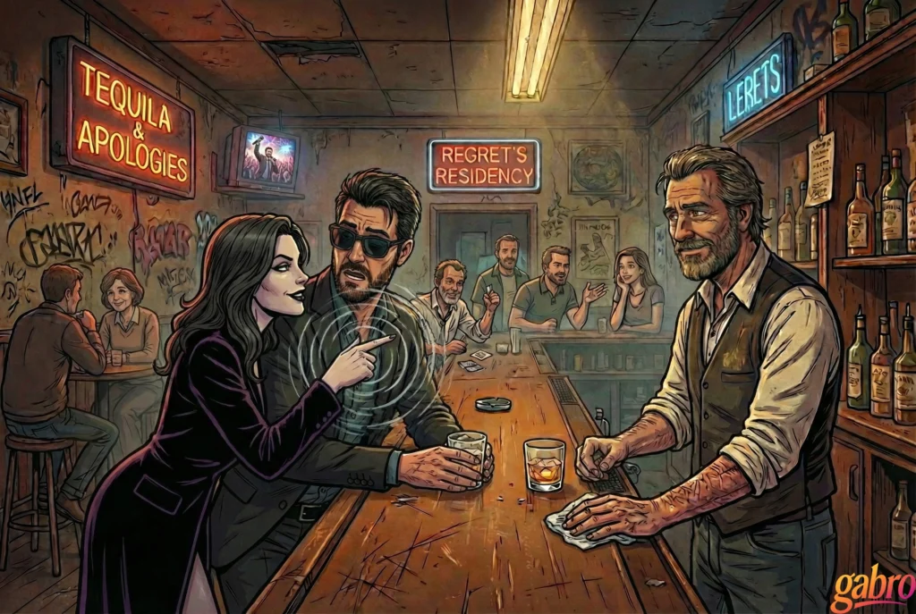 Cartoon illustration of gabro at a worn bar counter, wearing sunglasses and a dark suit, holding a drink while a woman beside him leans in and points as she speaks. An older bartender wipes the counter behind the bar, neon signs reading “Tequila & Apologies” and “Regret’s Residency” glow overhead, and other patrons sit and argue in the background, creating a tense late-night bar atmosphere.