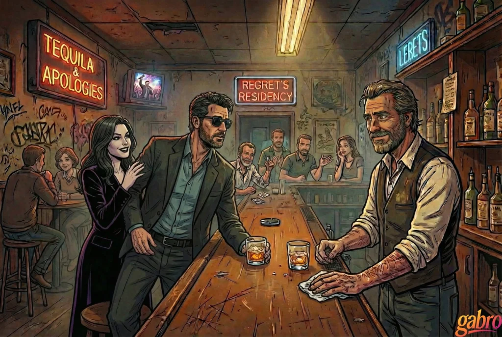 Cartoon illustration of gabro at a bar with a dark-haired woman resting a hand on his shoulder, both facing a smiling bartender as other guests cheer beneath glowing neon signs in a moody, comic-style scene.