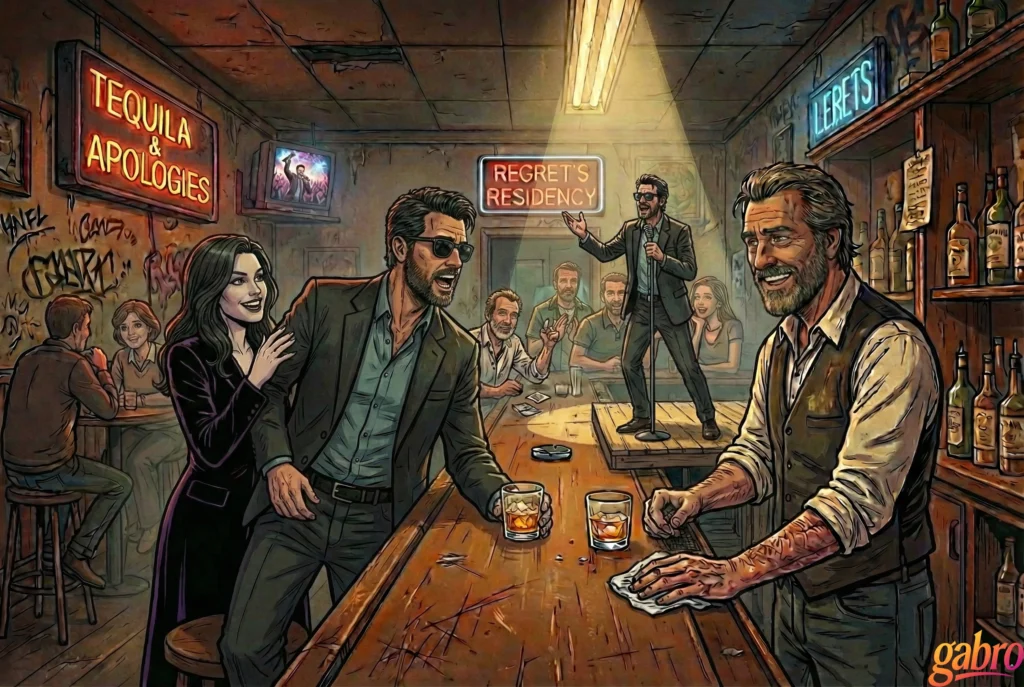 Cartoon illustration of gabro inside a dim, gritty bar, leaning on a scratched wooden counter with a drink in hand while a bartender smiles nearby and patrons celebrate in the background.