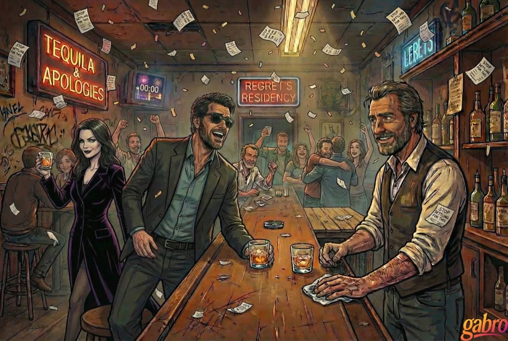 Cartoon illustration of gabro laughing at a worn bar counter as paper notes rain down around him, surrounded by cheering patrons under neon signs that read “Tequila & Apologies” and “Regret’s Residency.”