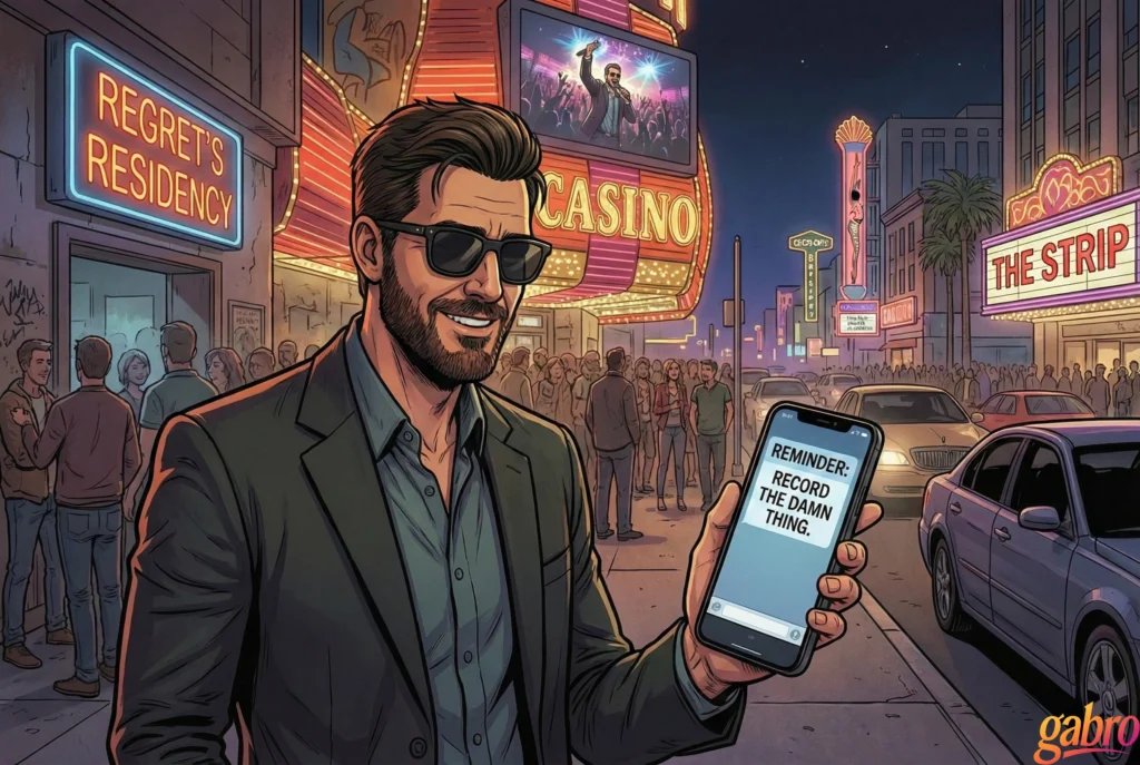 Cartoon illustration of gabro standing on the Las Vegas Strip at night, smiling while holding a phone that reads “Reminder: record the damn thing,” with neon casinos, traffic, and a crowd behind him.