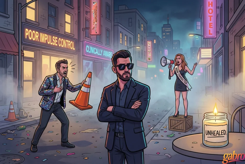 Cartoon illustration of gabro standing with arms crossed on a foggy city street at night, surrounded by chaotic scenes, neon signs reading “Poor Impulse Control” and “Clinically Aware,” a woman shouting through a megaphone, and a candle labeled “Unhealed.”