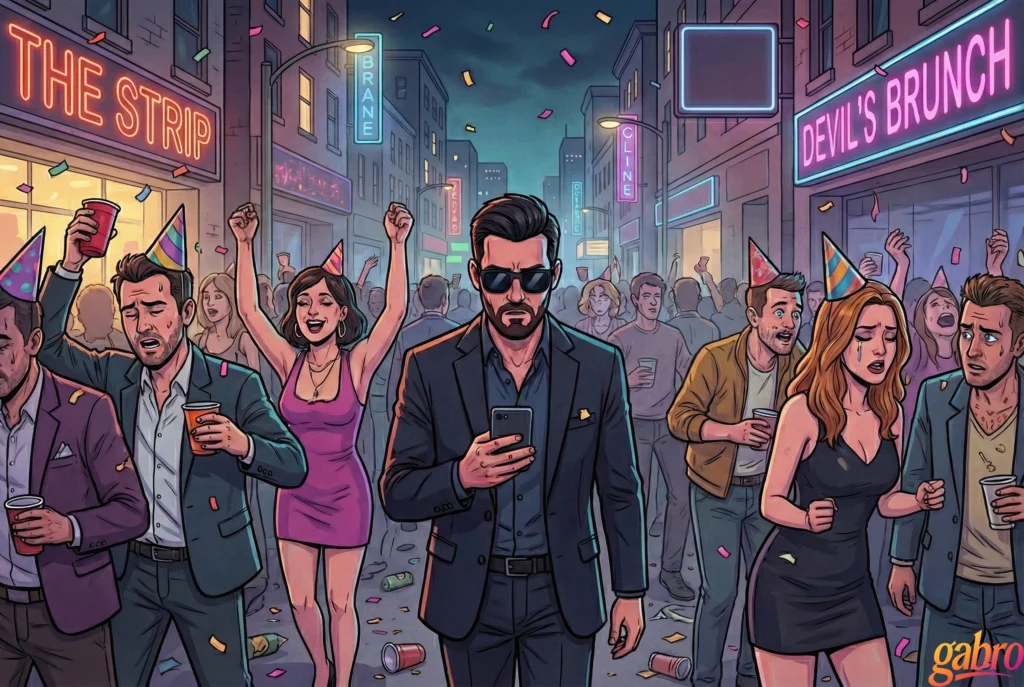 Cartoon illustration of gabro walking alone through a crowded party street at night, wearing sunglasses and looking down at his phone while people around him celebrate, drink, and cheer beneath neon signs and falling confetti.