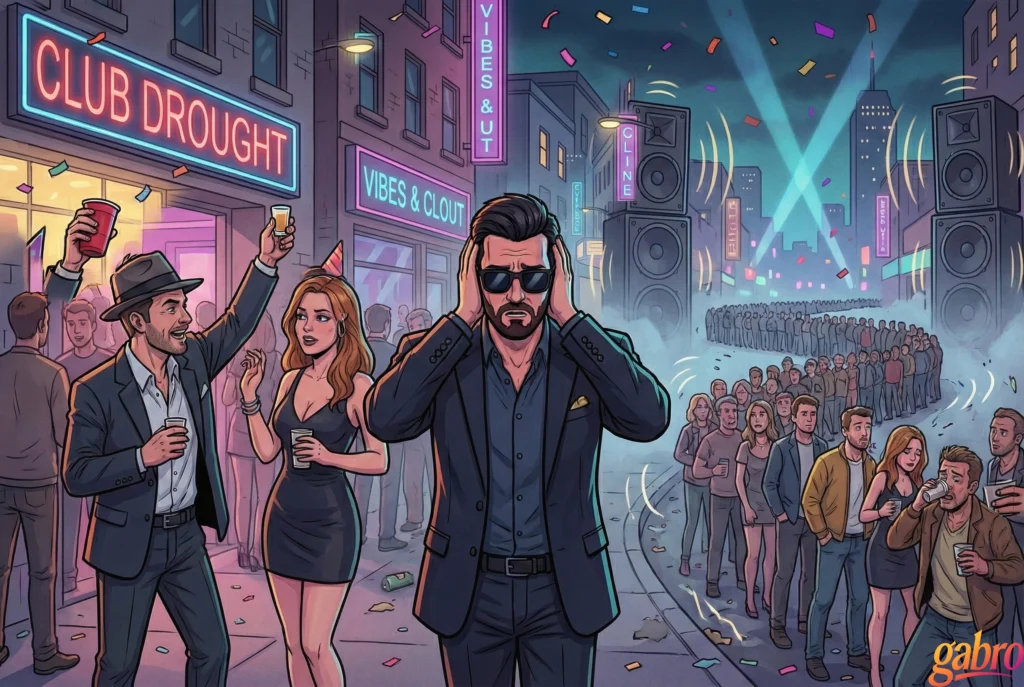 Cartoon illustration of gabro covering his ears while standing in a loud nightlife street, surrounded by clubs, speakers, cheering crowds, and flashing neon signs, conveying sensory overload and emotional isolation amid the chaos.