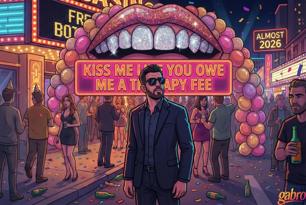 Cartoon illustration of gabro standing alone beneath a giant neon mouth arch reading “Kiss me like you owe me a therapy fee,” surrounded by partygoers, confetti, and casino lights at night, emphasizing contrast between celebration and personal introspection.
