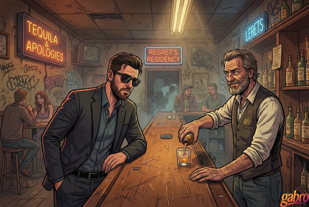 Cartoon illustration of gabro sitting at a dim bar while an older bartender pours him a drink, with neon signs reading “Tequila & Apologies” and “Regret’s Residency,” capturing a quiet, reflective moment inside a worn bar.