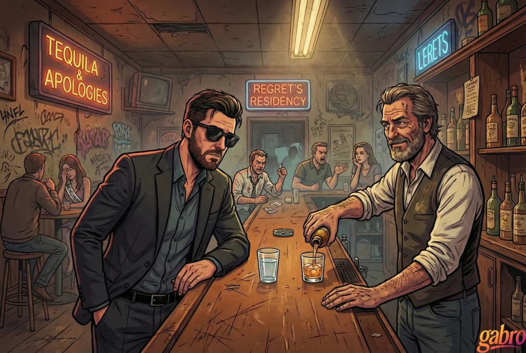 Cartoon illustration of gabro leaning at a worn bar as a bartender pours a drink, with neon signs reading “Tequila & Apologies,” “Regret’s Residency,” and “Lerfs,” while other patrons argue quietly in the background.