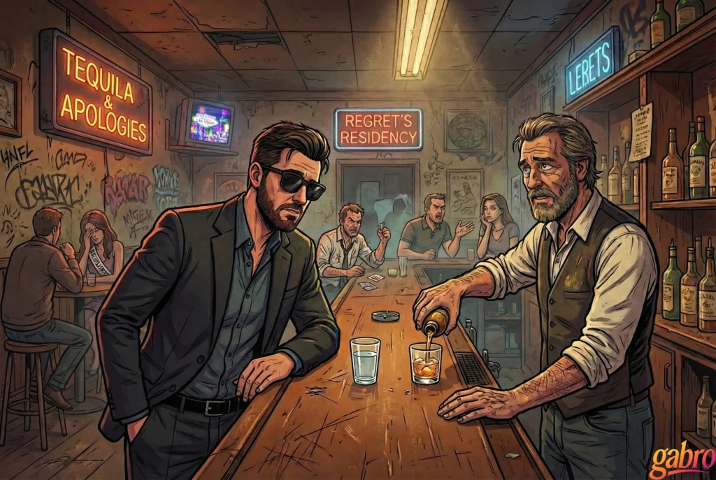 Cartoon illustration of gabro at a dimly lit bar, watching a bartender pour a drink while neon signs reading “Tequila & Apologies” and “Regret’s Residency” glow above, with tense conversations and worn walls emphasizing a heavy, reflective atmosphere.