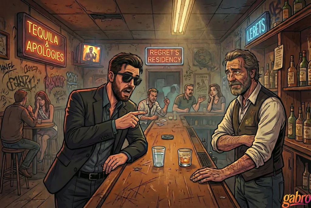 Cartoon illustration of gabro arguing with a bartender across a worn bar, pointing emphatically while a drink sits between them, with neon signs reading “Tequila & Apologies” and “Regret’s Residency” glowing above tense patrons in the background.