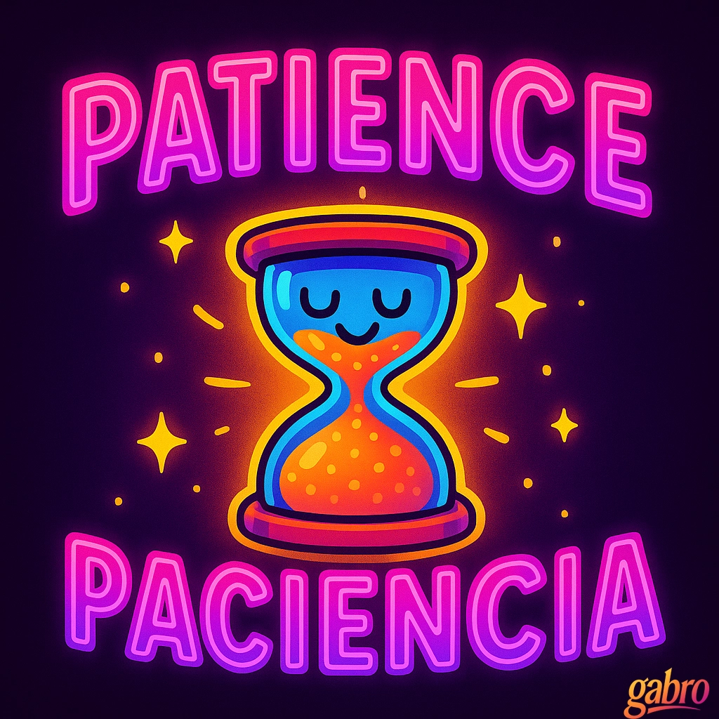 A bright neon graphic shows a smiling hourglass filled with orange sand at the center, surrounded by sparkles on a dark purple background. Large glowing pink-purple text reads “PATIENCE” at the top and “PACIENCIA” at the bottom.