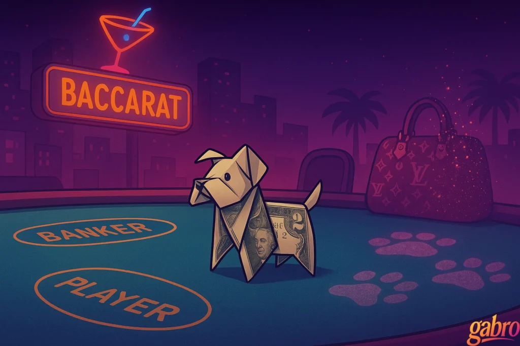 Adult cartoon–style widescreen image of a high-limit baccarat table after a surreal night. At center sits a tiny origami dog folded from a two-dollar bill (Madam Lulu’s tip), lit by neon glow. Ghostly paw prints shimmer on the felt, and a sparkly, fading silhouette of a Louis Vuitton purse lingers by an empty chair as if the duo vanished. A “BACCARAT” sign glows in the purple–magenta Vegas haze.