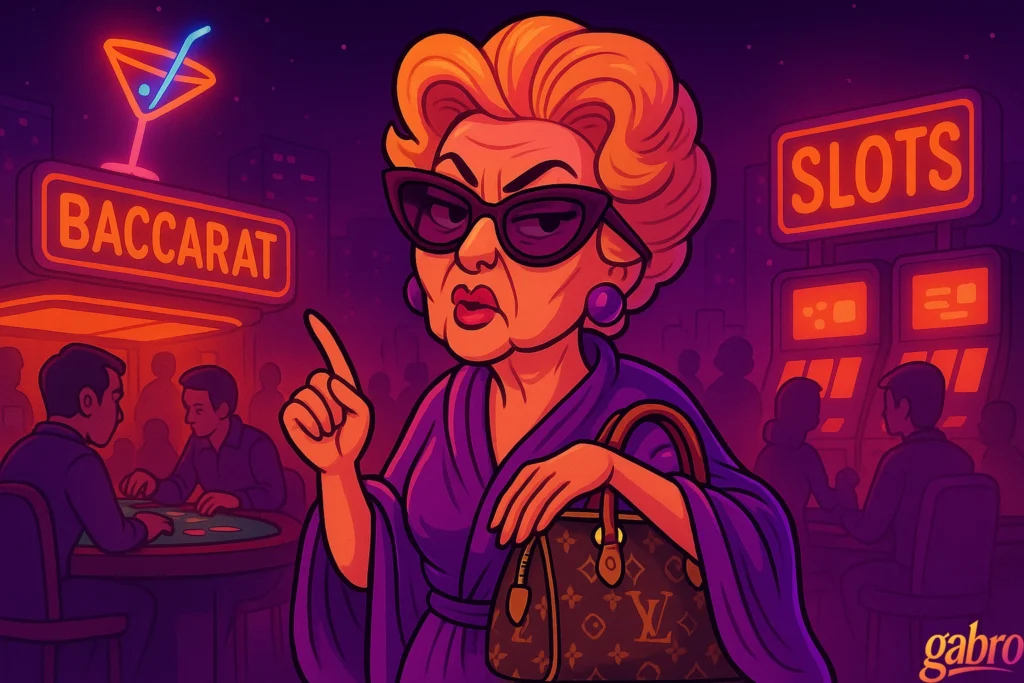 Adult cartoon–style widescreen illustration of Madam Lulu in a neon-lit Vegas casino. She wears flowing vintage silk, oversized sunglasses, and holds a twitching Louis Vuitton purse, standing between glowing “BACCARAT” and “SLOTS” signs. The background shows players at tables and slot machines under warm purple-orange lights.