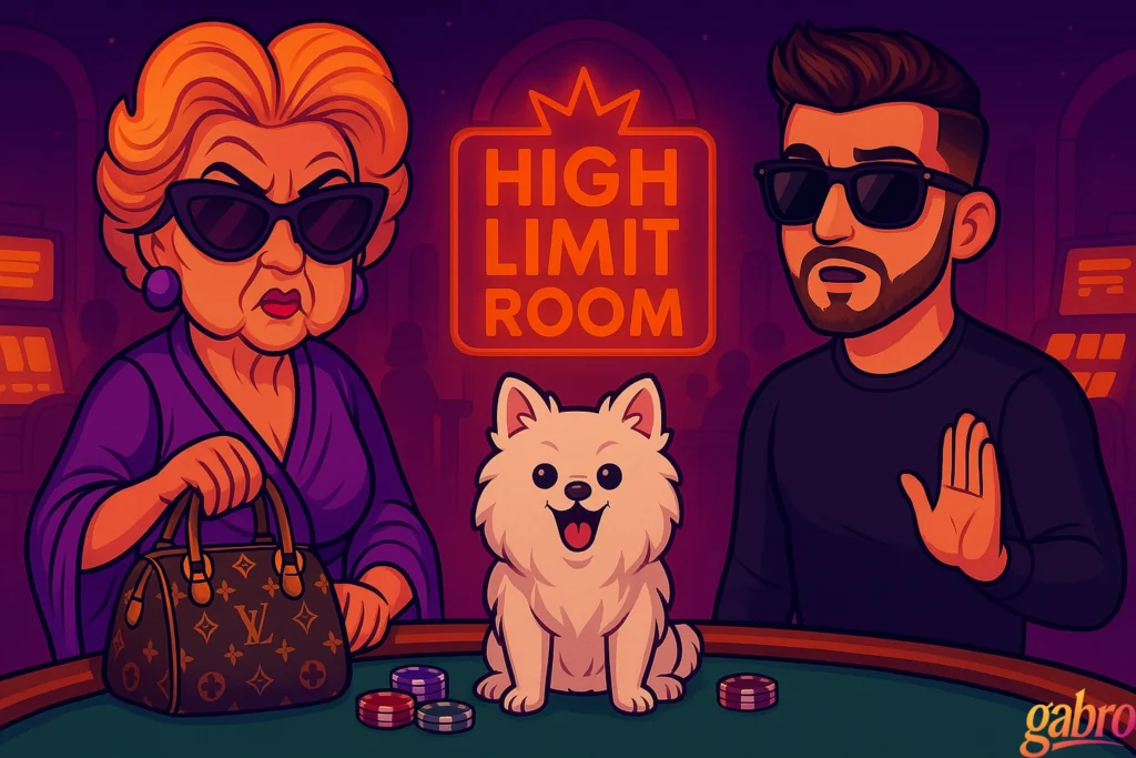 Adult cartoon–style widescreen illustration in neon Vegas hues. Madam Lulu sits at a baccarat table with her Louis Vuitton purse open as a fluffy white Pomeranian named Baby Lucky pops out confidently. Cartoon gabro, the dealer in sunglasses and a black long-sleeve shirt, looks surprised.