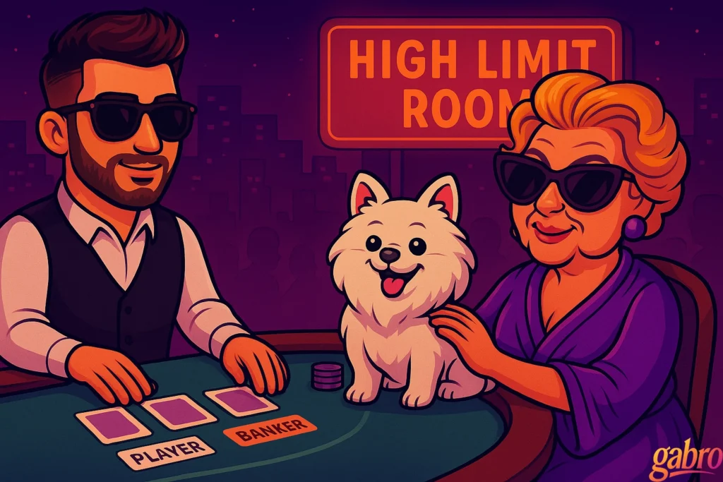 Adult cartoon–style widescreen illustration in neon Vegas hues. Madam Lulu sits at a baccarat table with her Louis Vuitton purse open as a fluffy white Pomeranian named Baby Lucky sits on the table and bets with her. gabro, the dealer in sunglasses and a black long-sleeve shirt, looks surprised, pausing mid-deal.