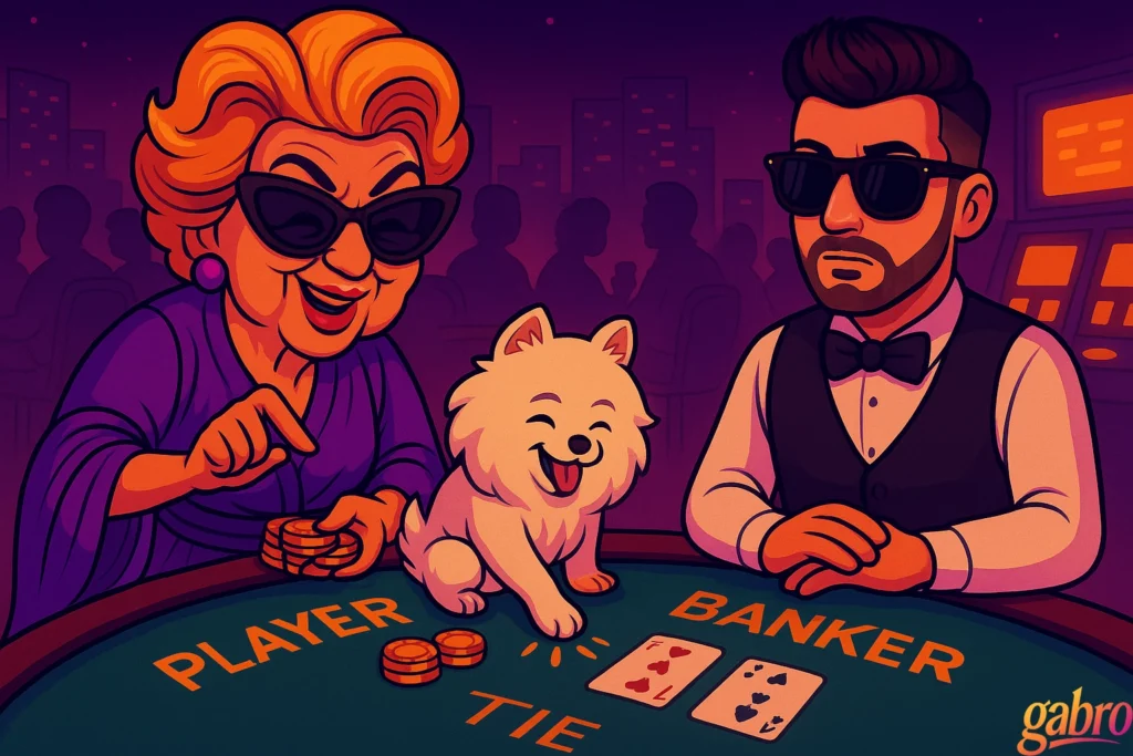 Adult cartoon–style widescreen image in neon Vegas hues. Madam Lulu laughs joyfully as her fluffy white Pomeranian, Baby Lucky, double-taps the baccarat felt with his paw, glowing chips in front of him. Gabro, wearing sunglasses and his dealer uniform, looks both stunned and amused as a “DOUBLE!” sign flashes faintly behind them. The scene glows with pink, purple, and gold tones in gabro:unfiltered style.